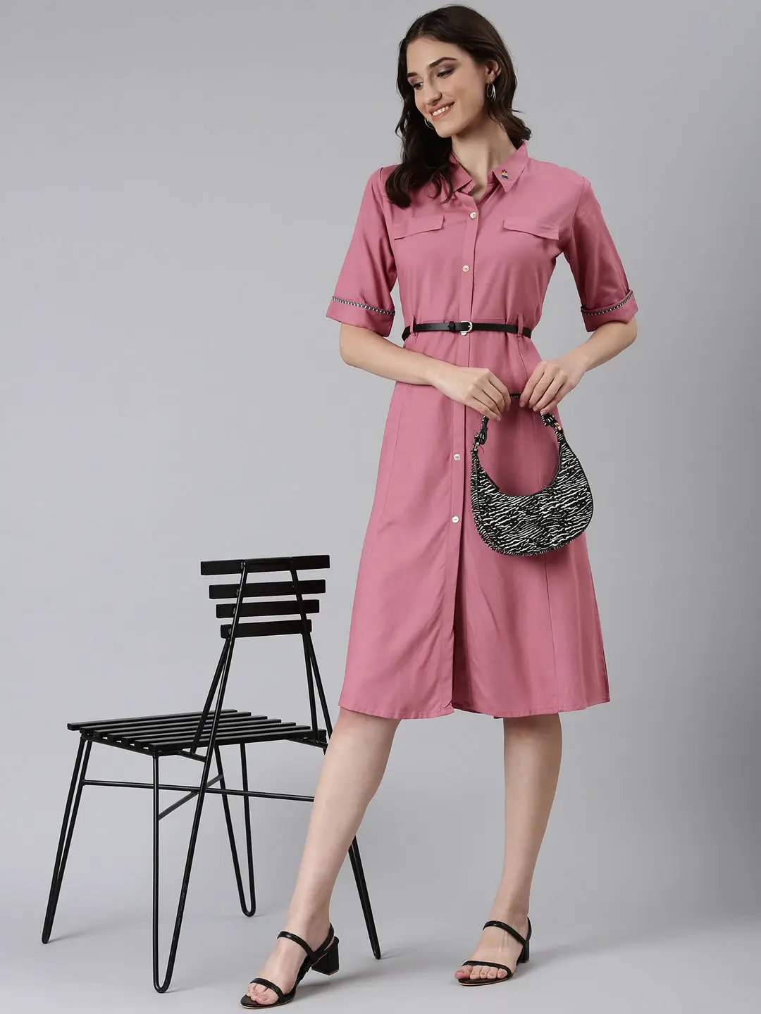 Shop Women's Pink Shirt Collar Short Sleeves Belted Shirt Dress| Showoffff Shop Women's Pink Shirt Collar Short Sleeves Belted Shirt Dress| Showoffff