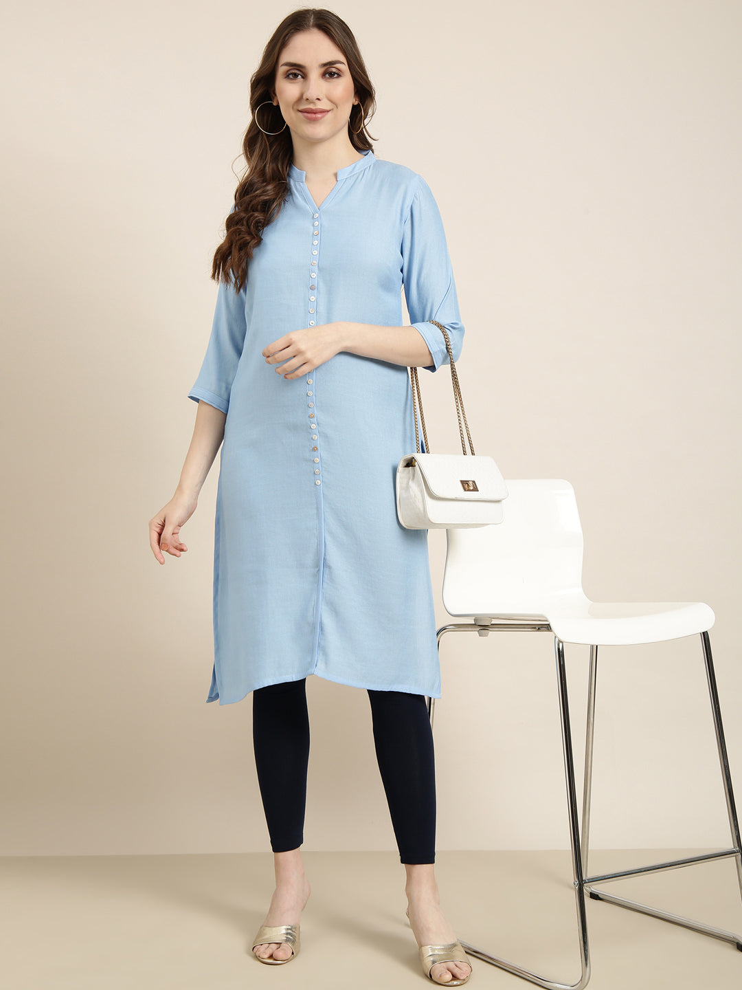 Women Straight Blue Solid Kurta