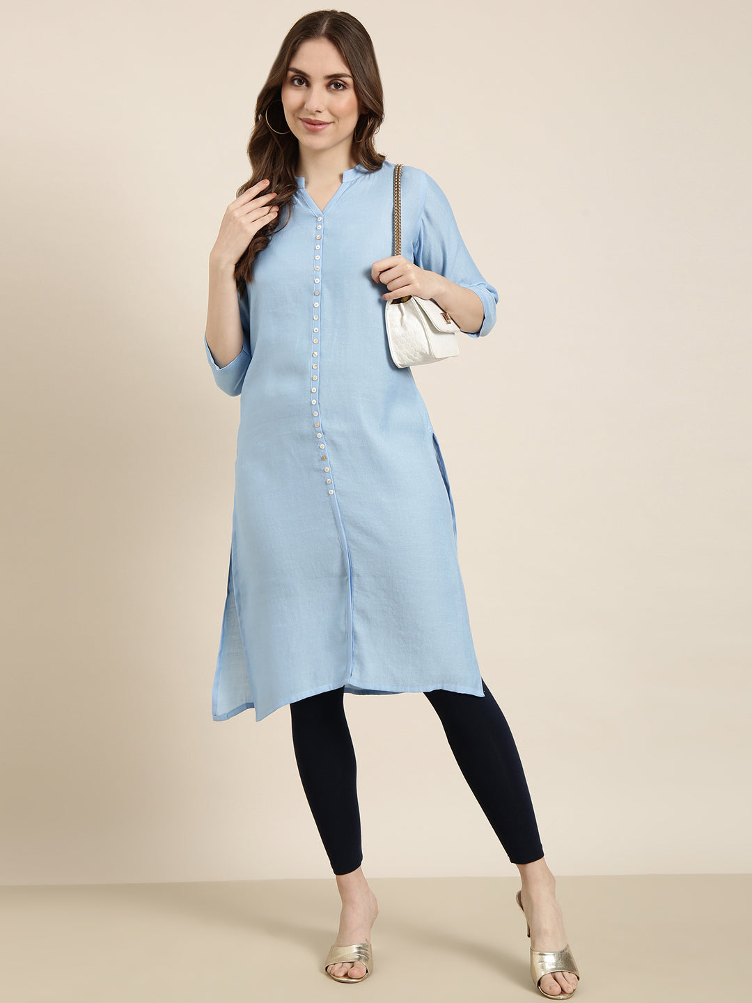 Women Straight Blue Solid Kurta