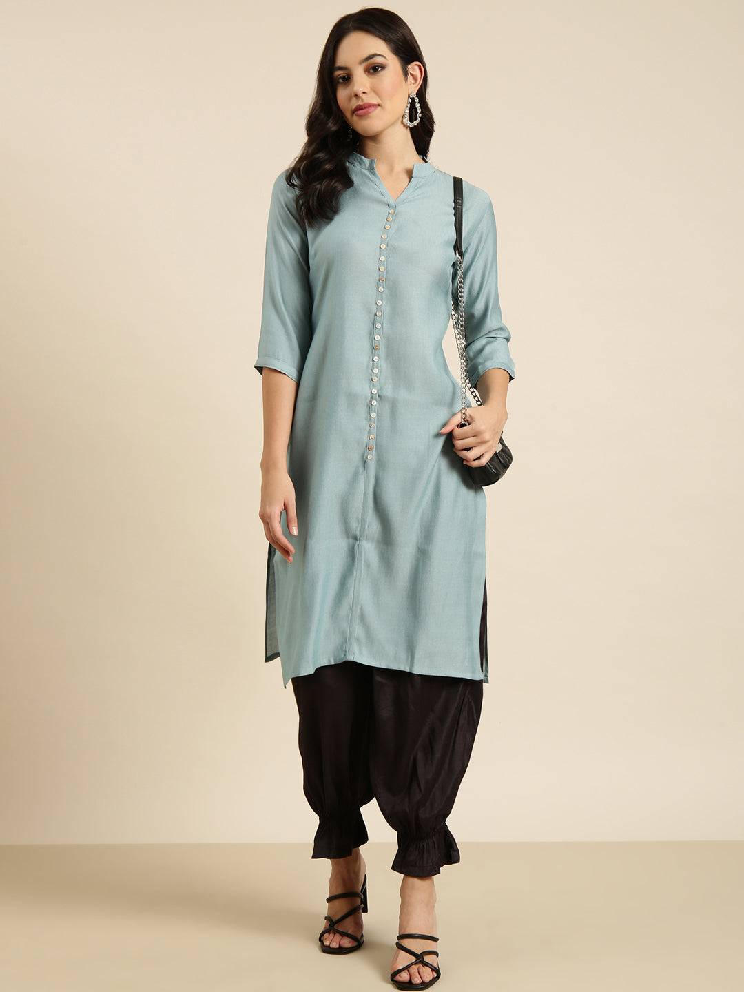 Women Straight Grey Solid Kurta