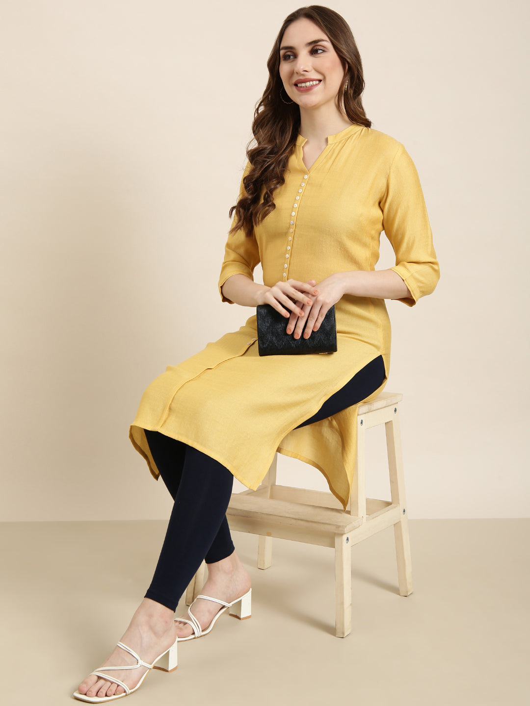 Women Straight Mustard Solid Kurta