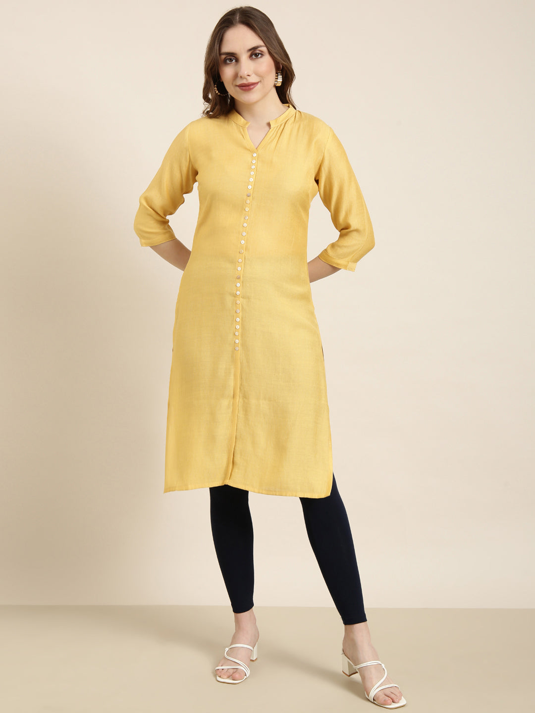 Women Straight Mustard Solid Kurta