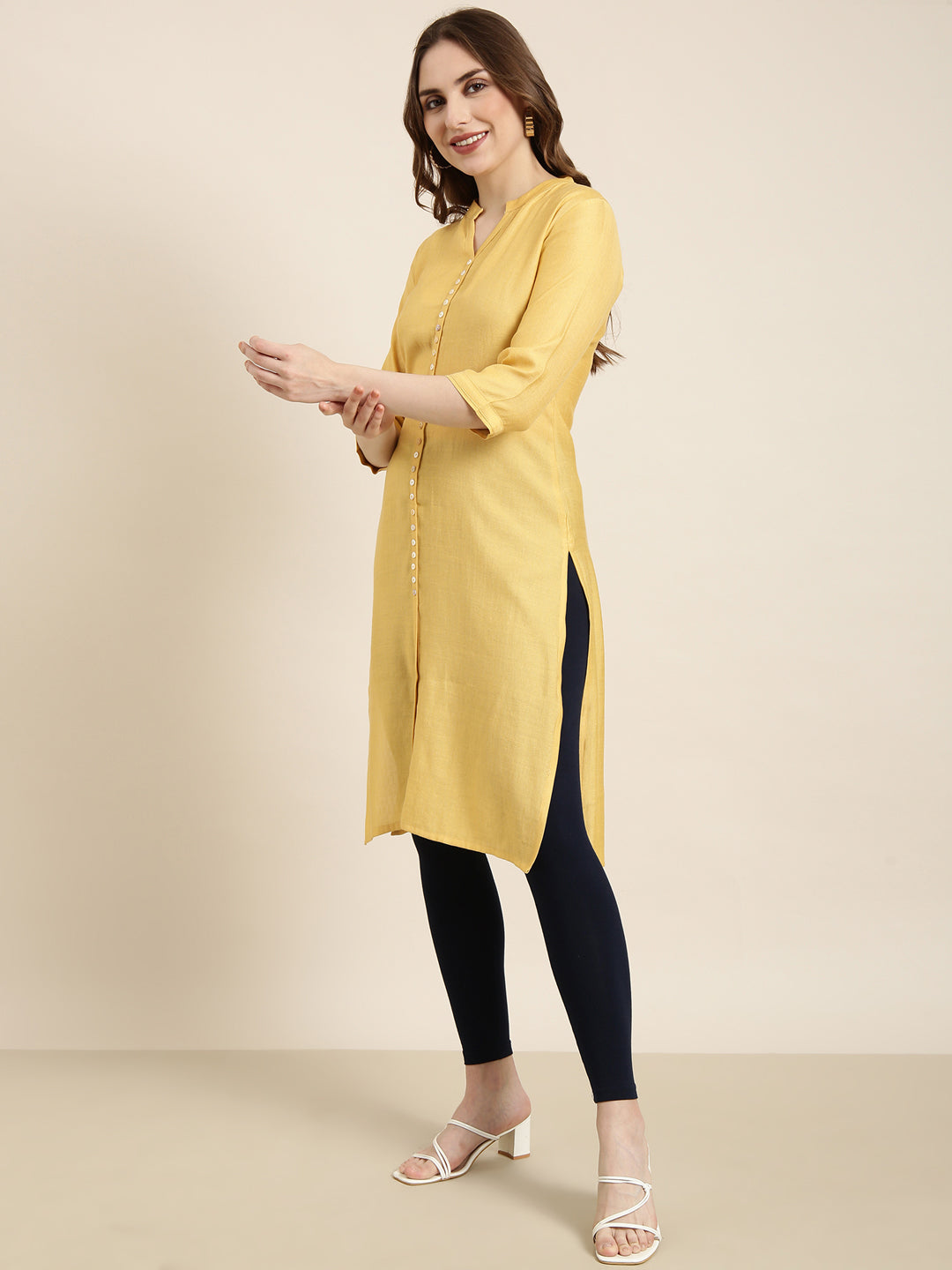 Women Straight Mustard Solid Kurta