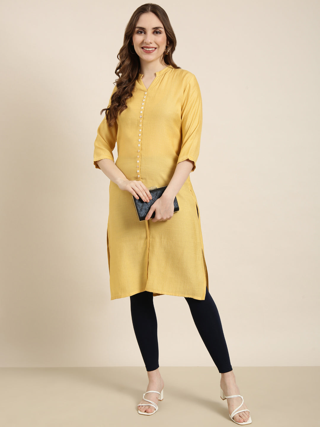 Women Straight Mustard Solid Kurta