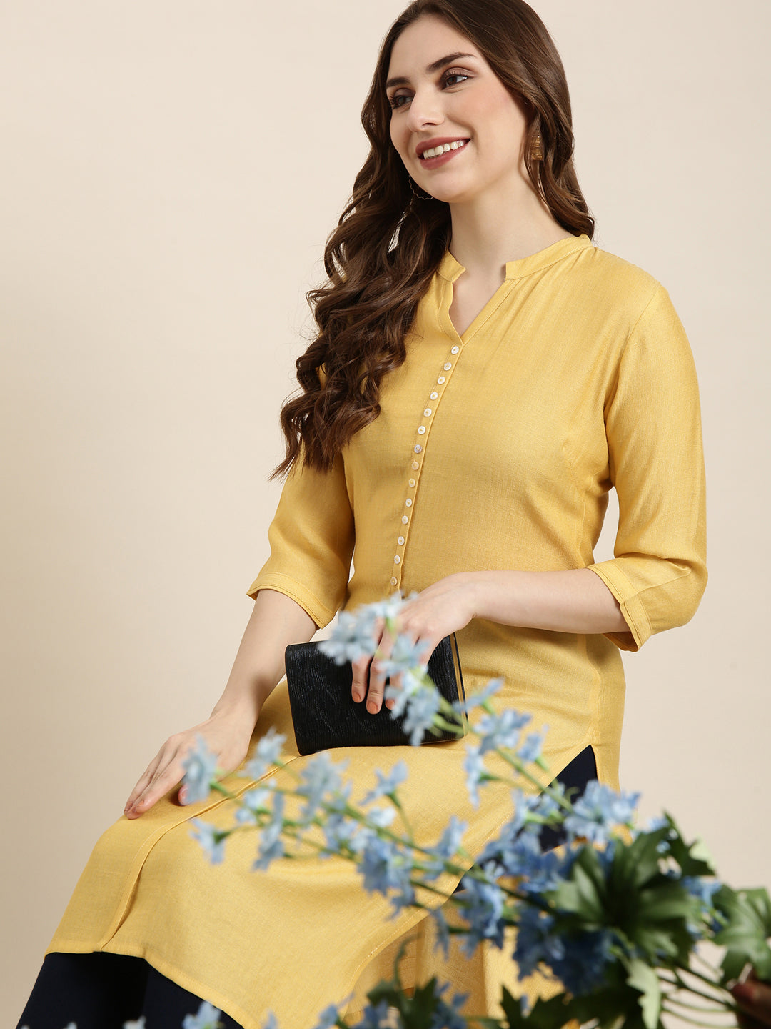 Women Straight Mustard Solid Kurta