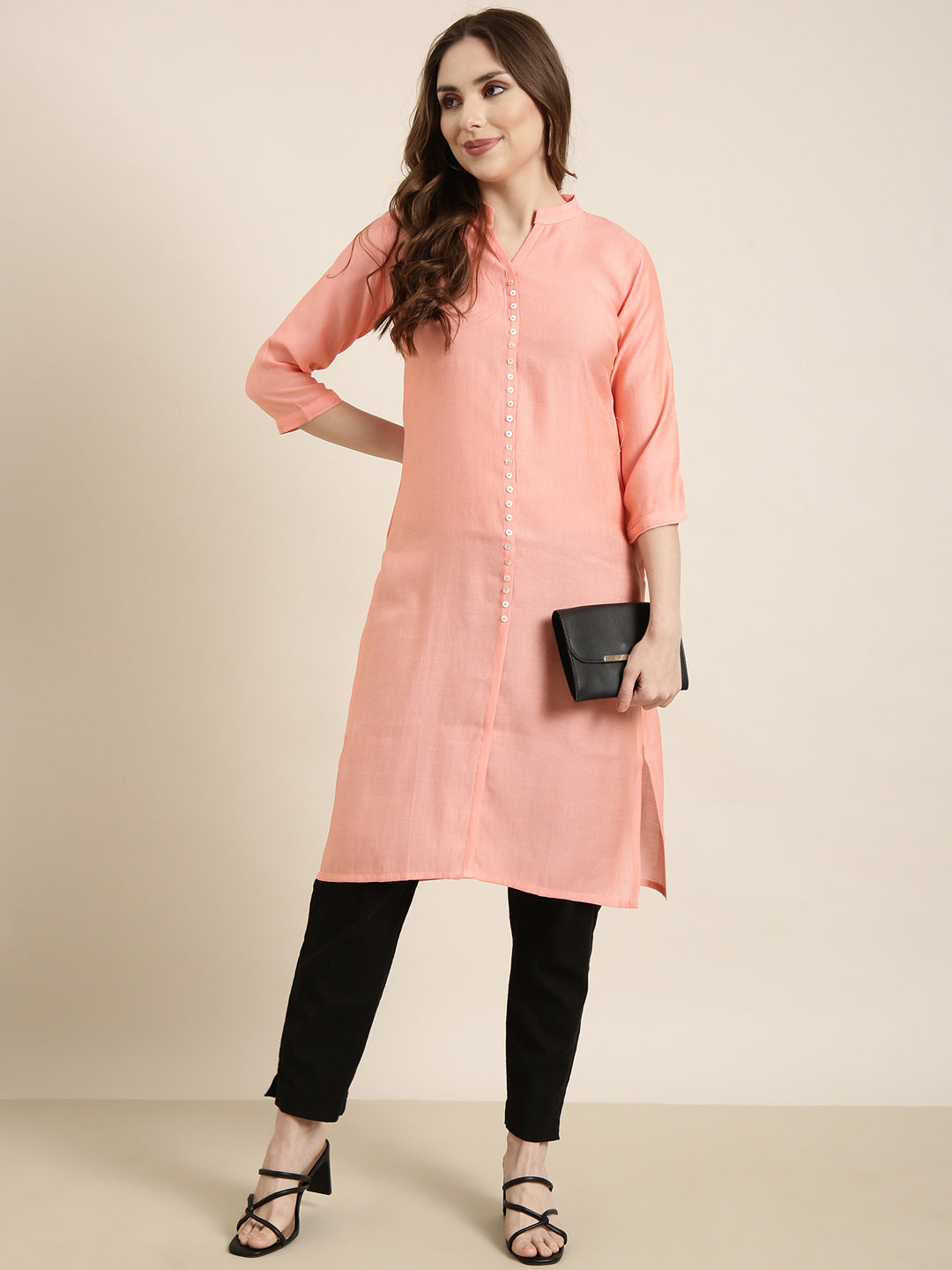 Women Straight Peach Solid Kurta