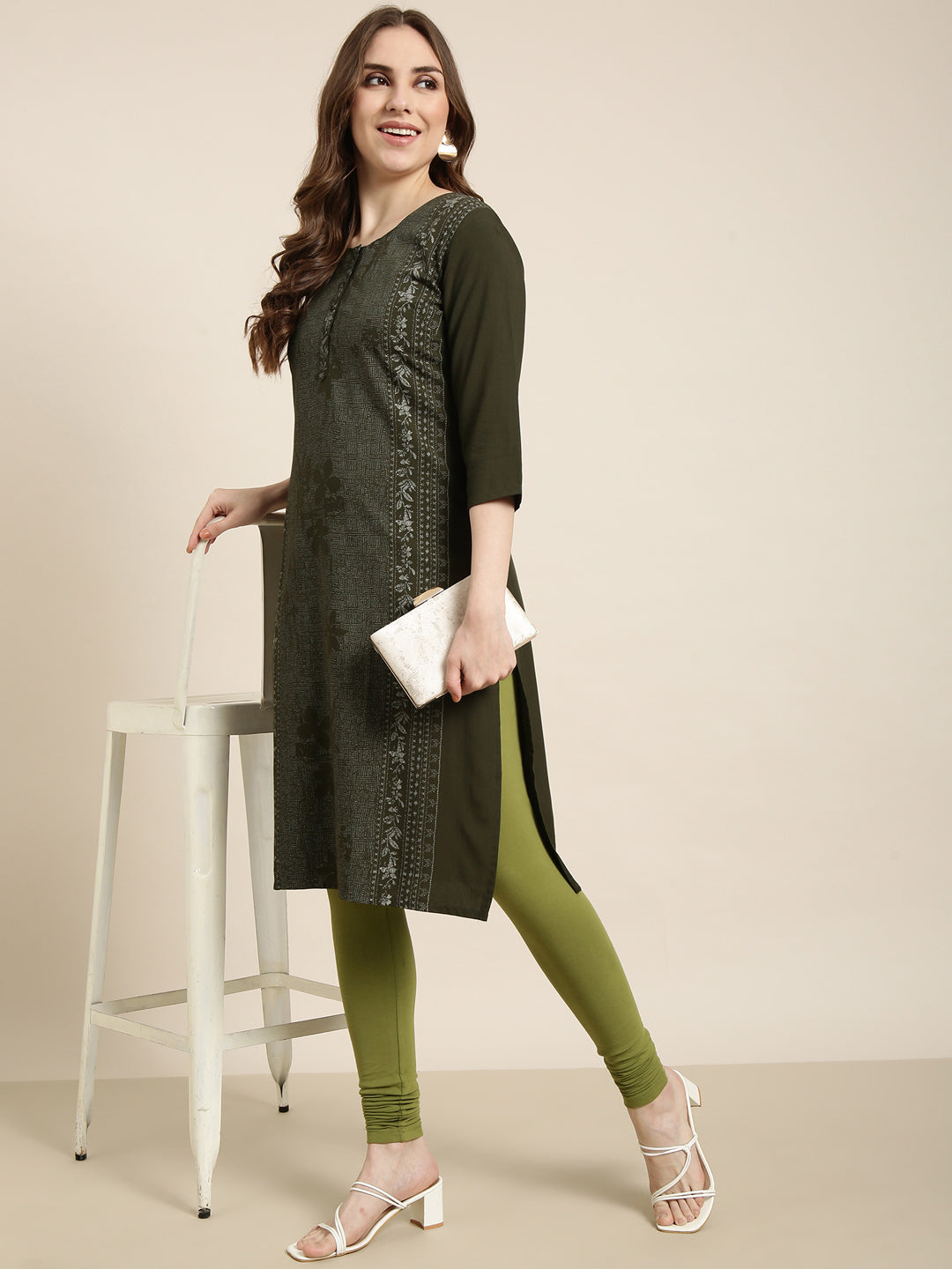 Women Straight Green Floral Kurta