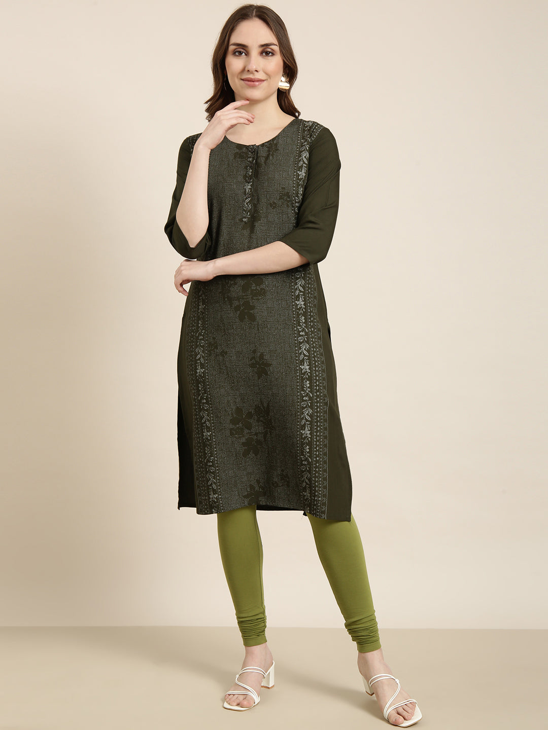 Women Straight Green Floral Kurta