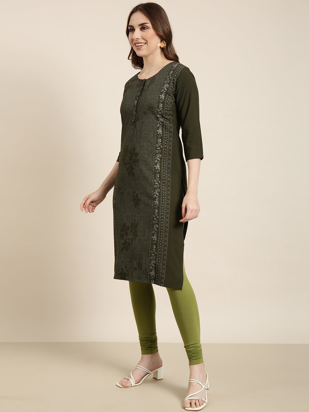 Women Straight Green Floral Kurta