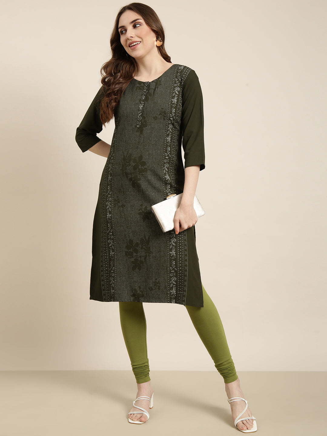 Women Straight Green Floral Kurta