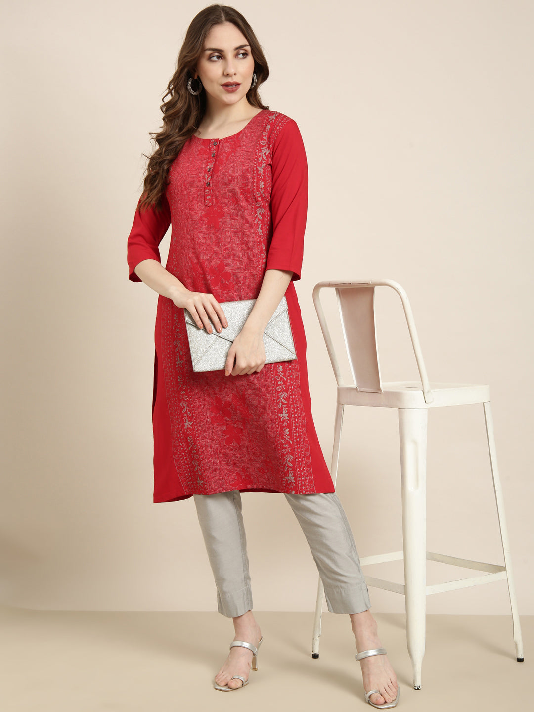 Women Straight Red Floral Kurta