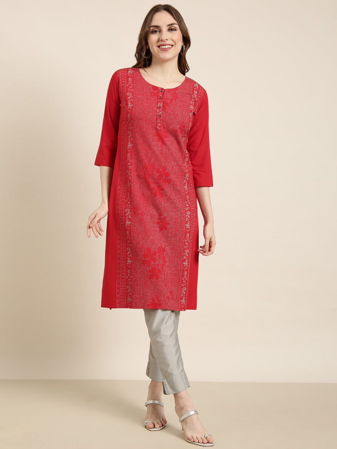 Women Straight Red Floral Kurta