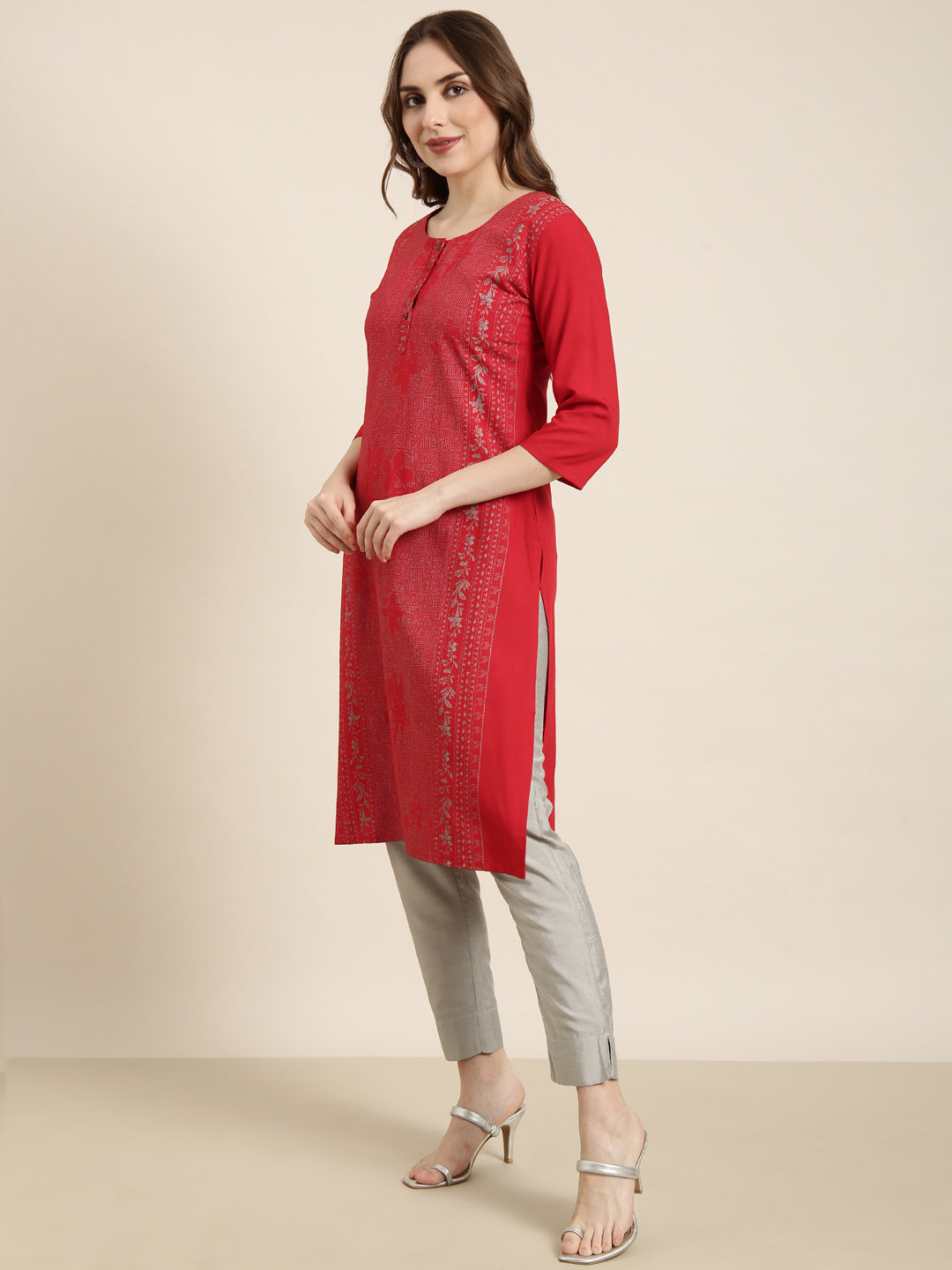 Women Straight Red Floral Kurta