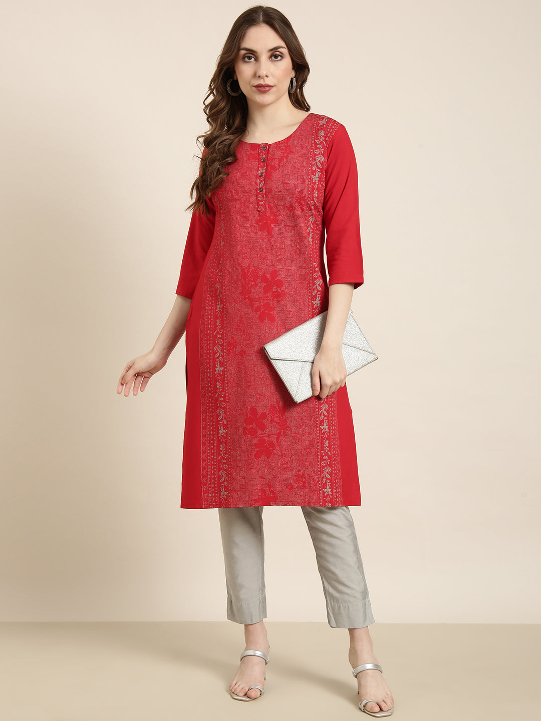 Women Straight Red Floral Kurta