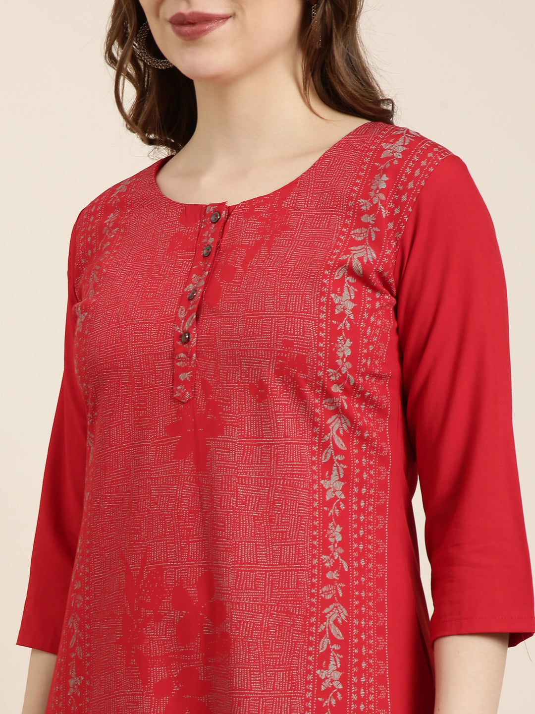 Women Straight Red Floral Kurta