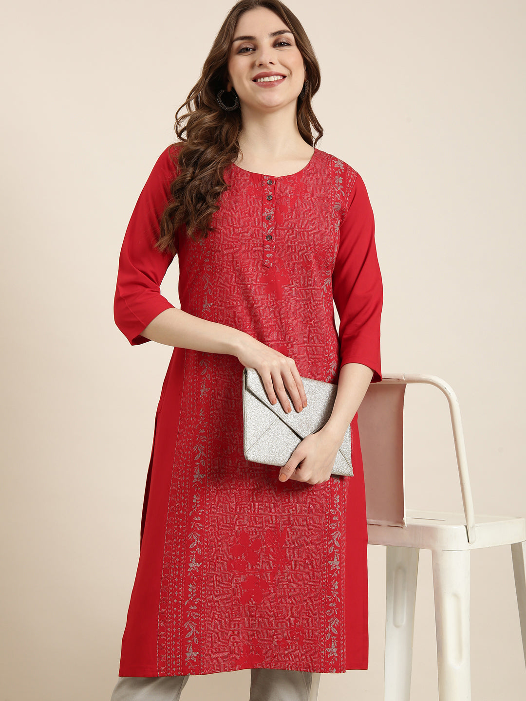 Women Straight Red Floral Kurta