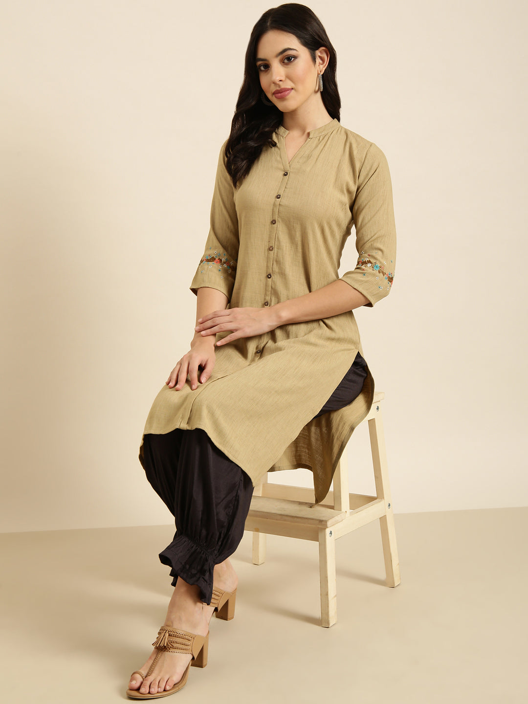 Women Straight Beige Solid Kurta