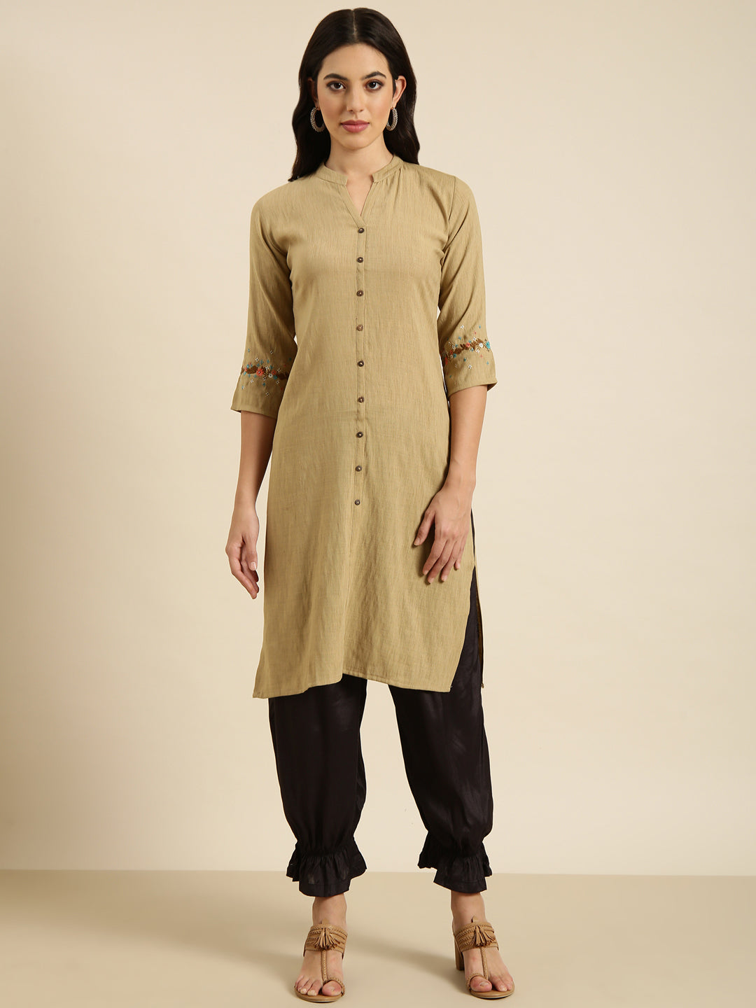 Women Straight Beige Solid Kurta