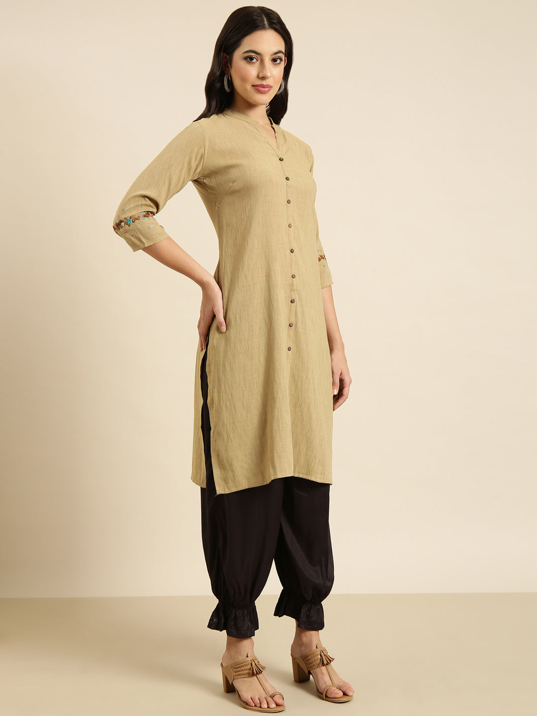 Women Straight Beige Solid Kurta