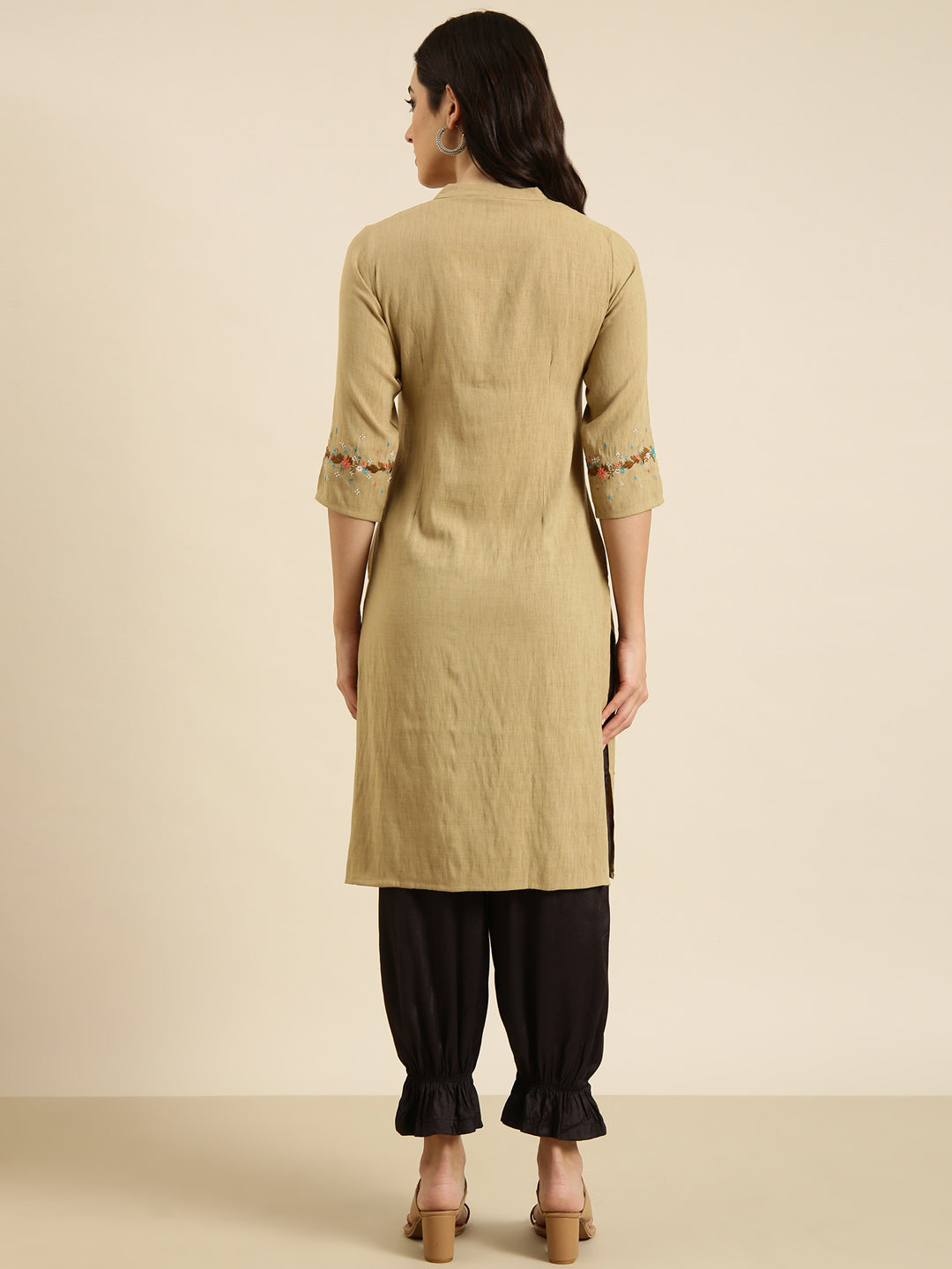 Women Straight Beige Solid Kurta