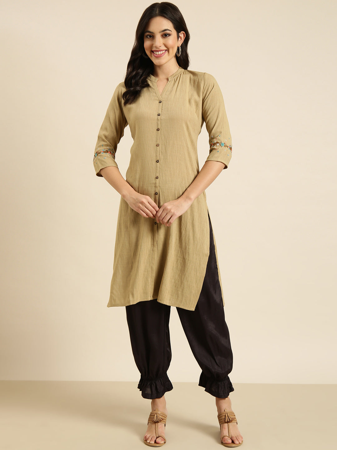 Women Straight Beige Solid Kurta