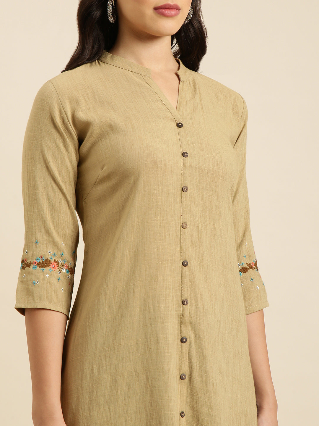 Women Straight Beige Solid Kurta