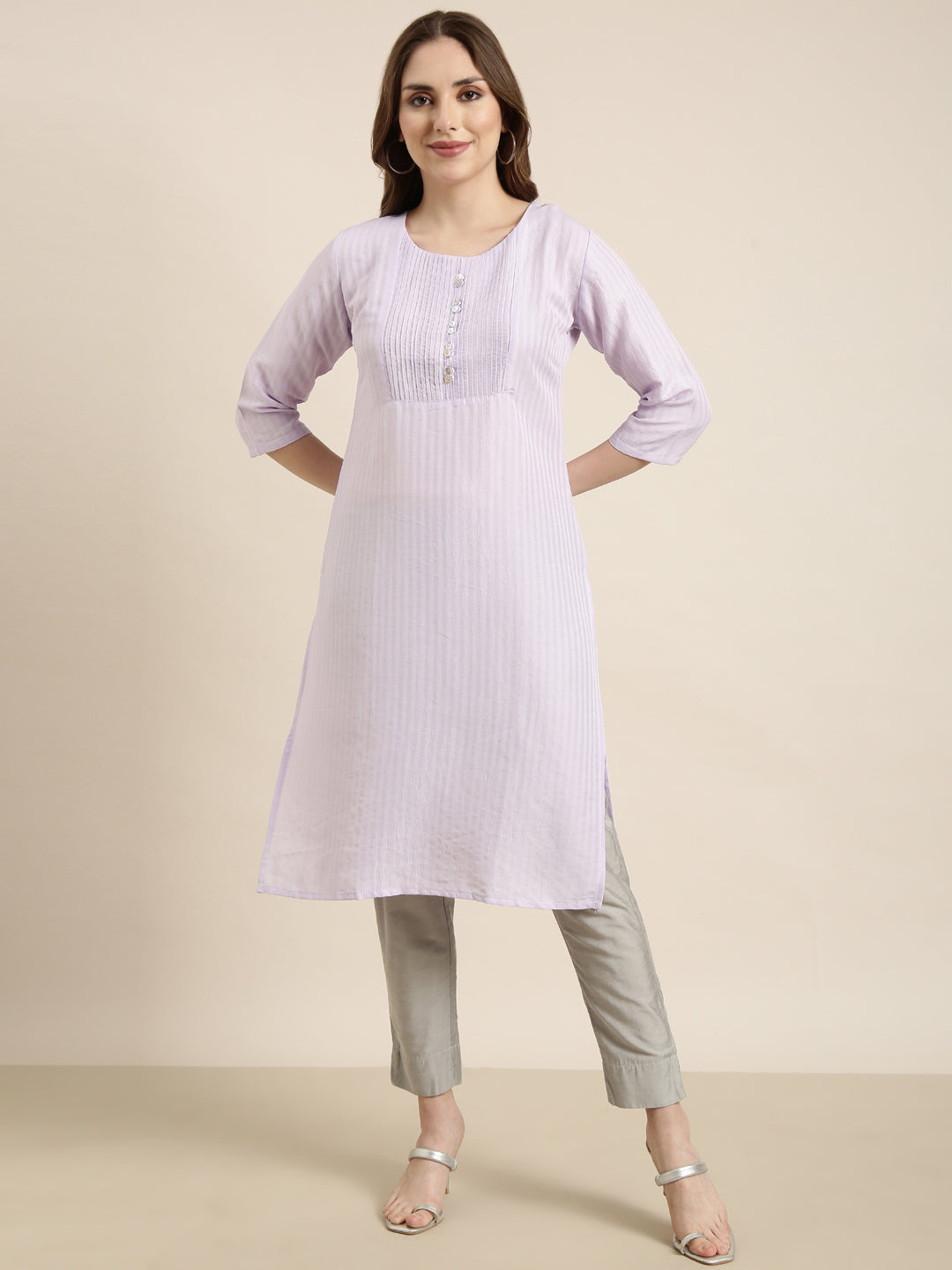 Women Straight Lavender Solid Kurta