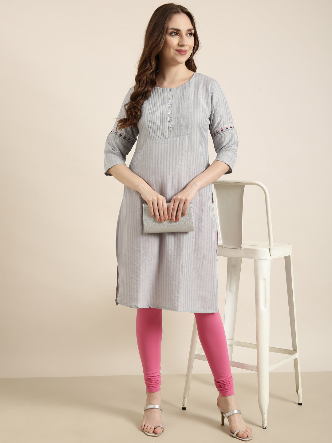 Women Straight Grey Striped Kurta