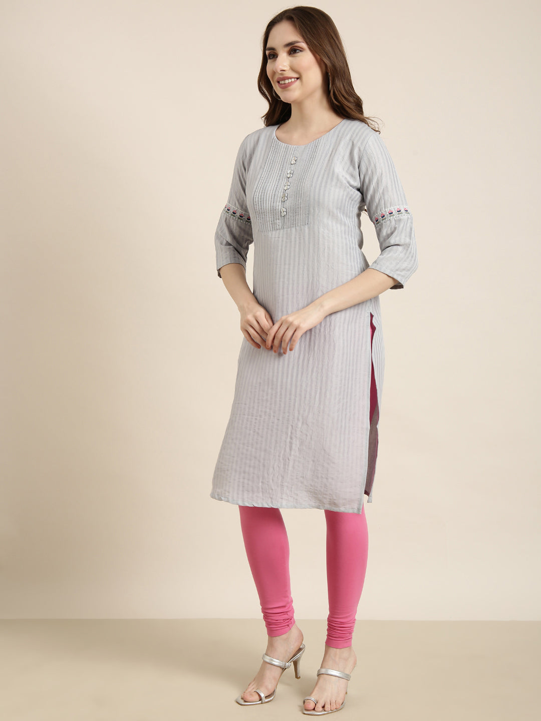 Women Straight Grey Striped Kurta