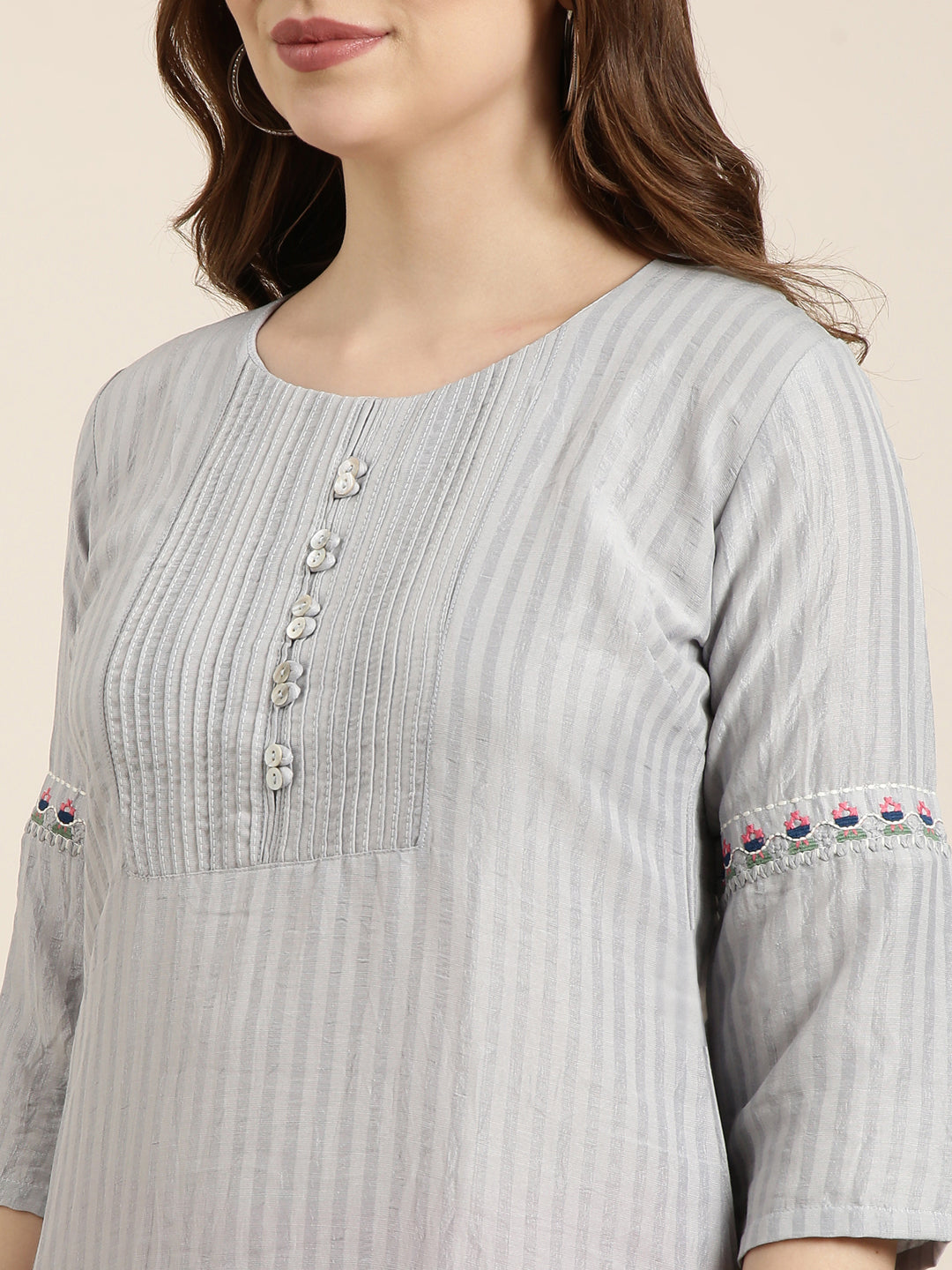 Women Straight Grey Striped Kurta