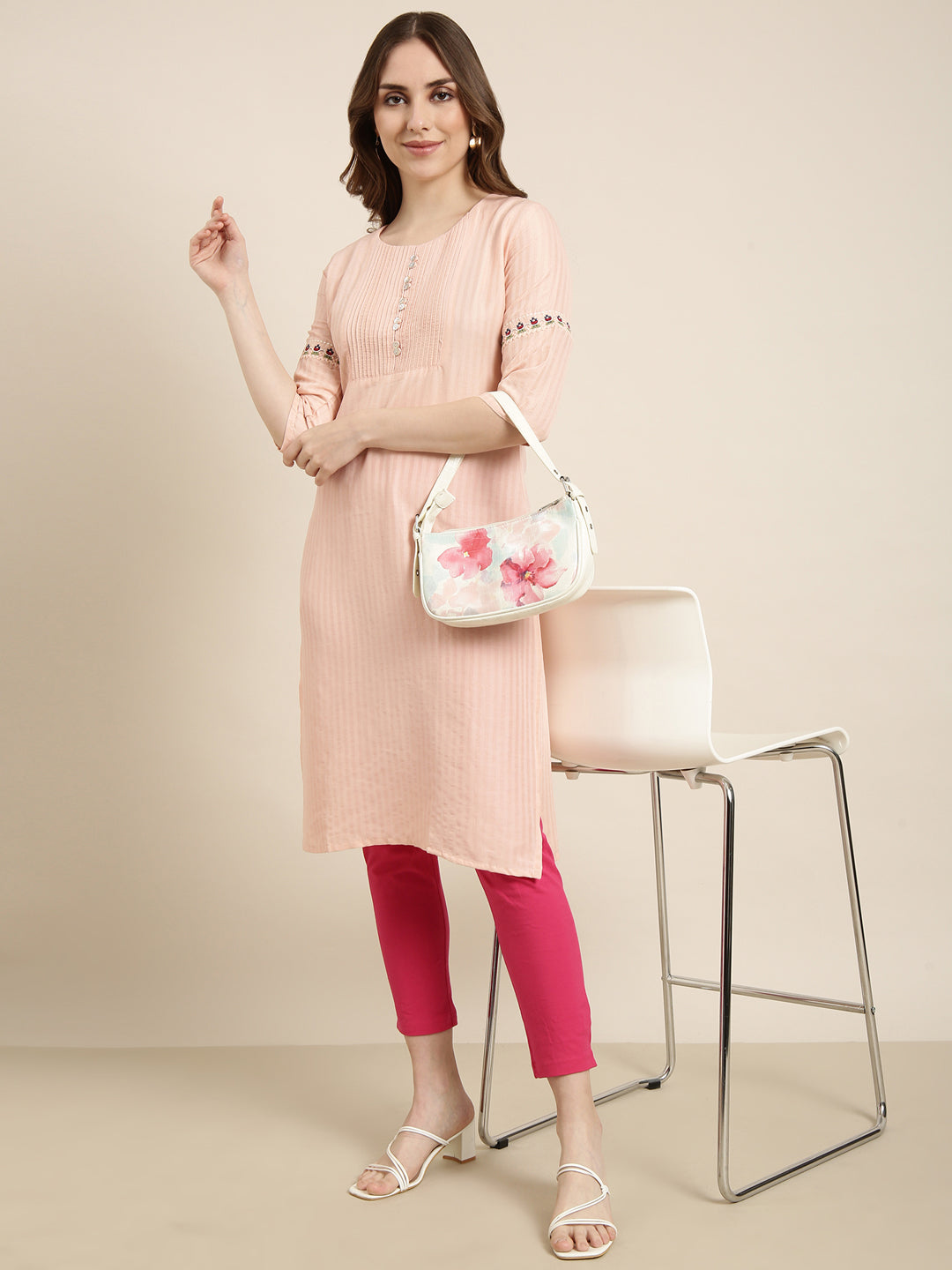 Women Straight Peach Striped Kurta