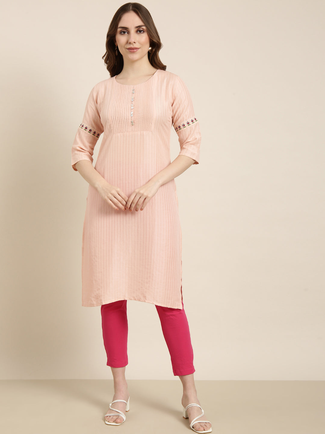 Women Straight Peach Striped Kurta