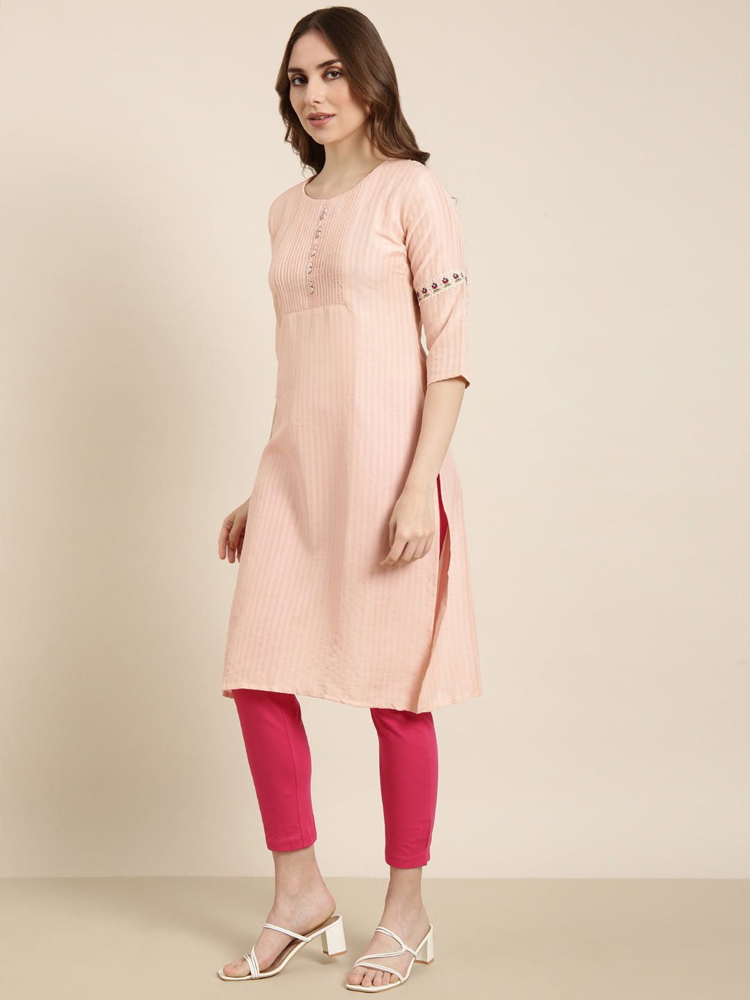 Women Straight Peach Striped Kurta