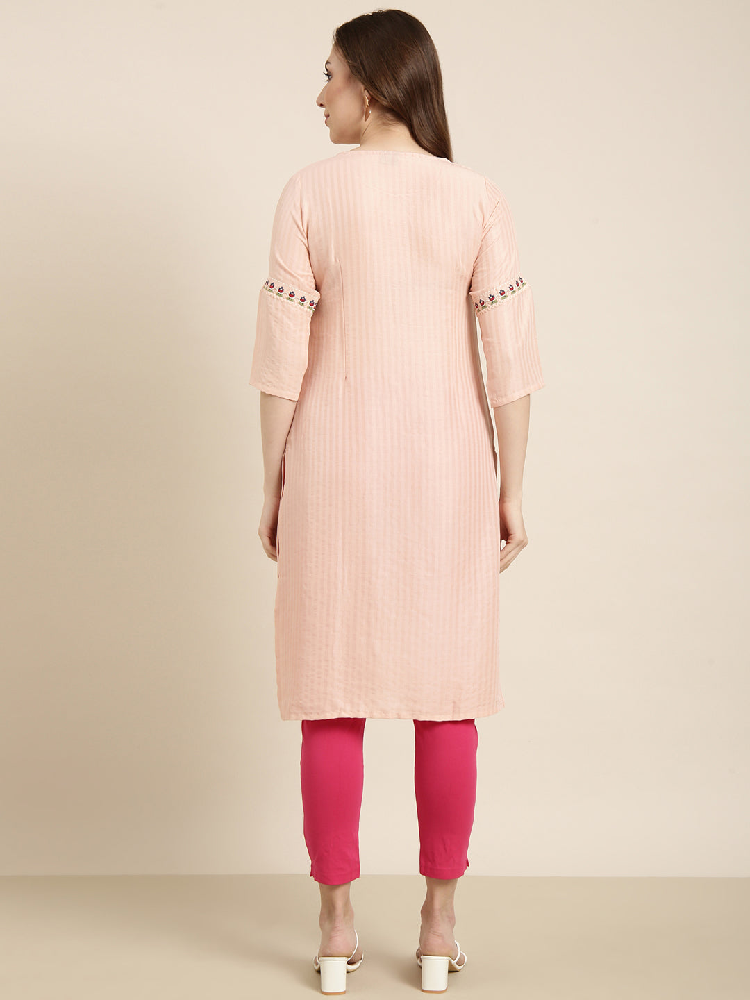 Women Straight Peach Striped Kurta