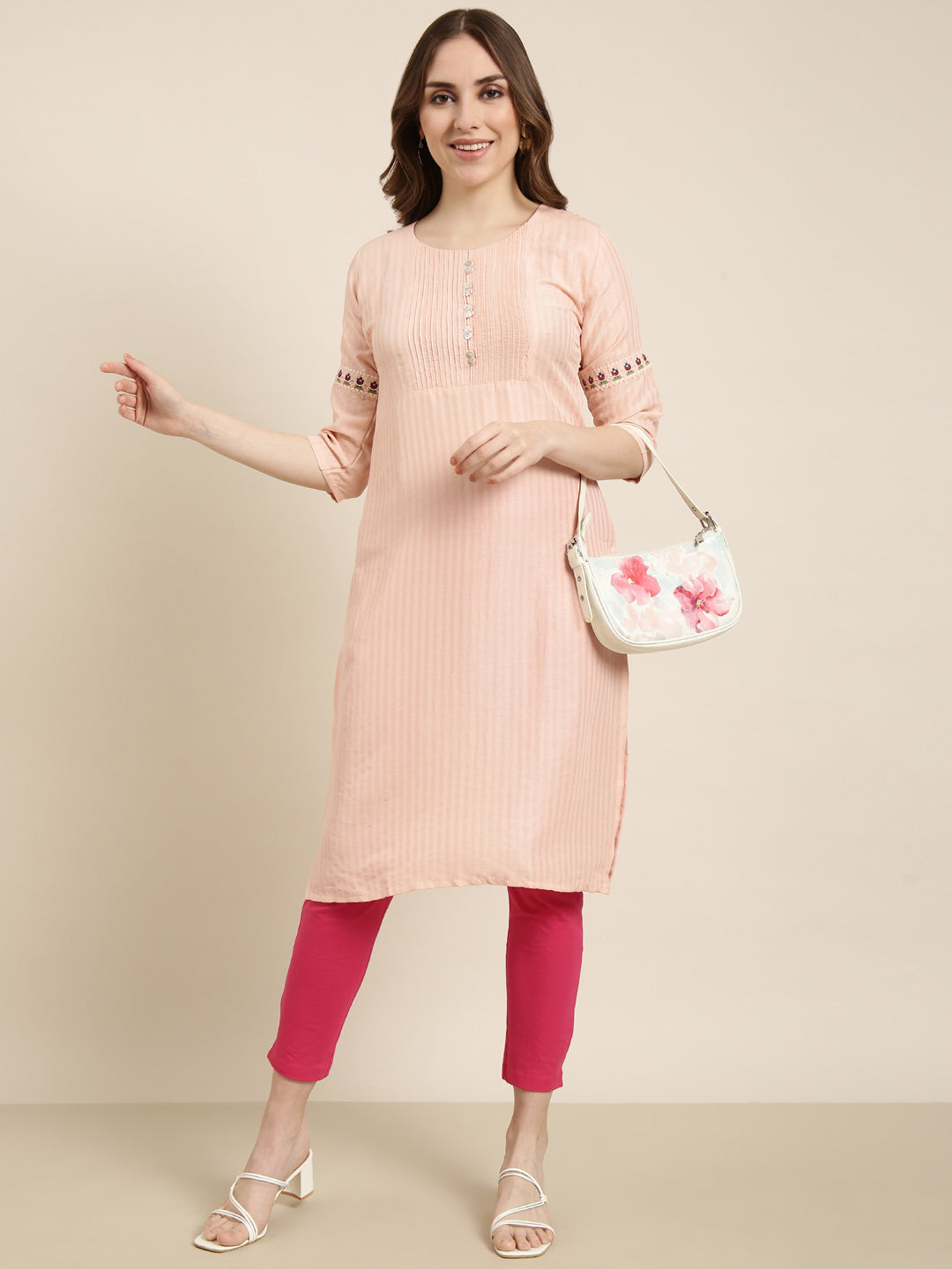 Women Straight Peach Striped Kurta