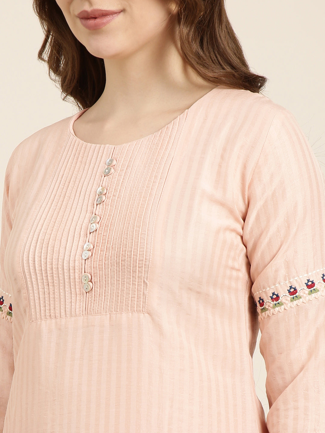 Women Straight Peach Striped Kurta