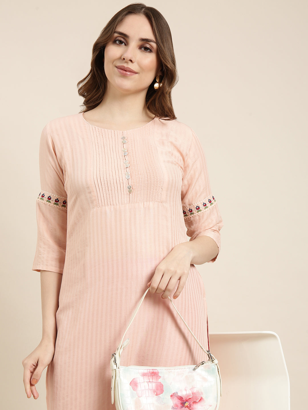 Women Straight Peach Striped Kurta