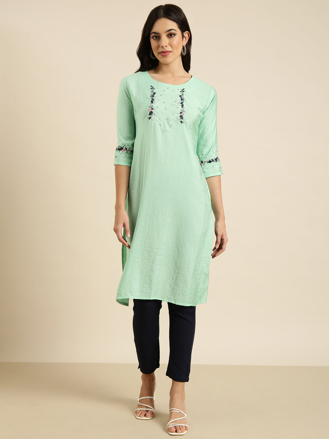 Women Straight Sea Green Solid Kurta