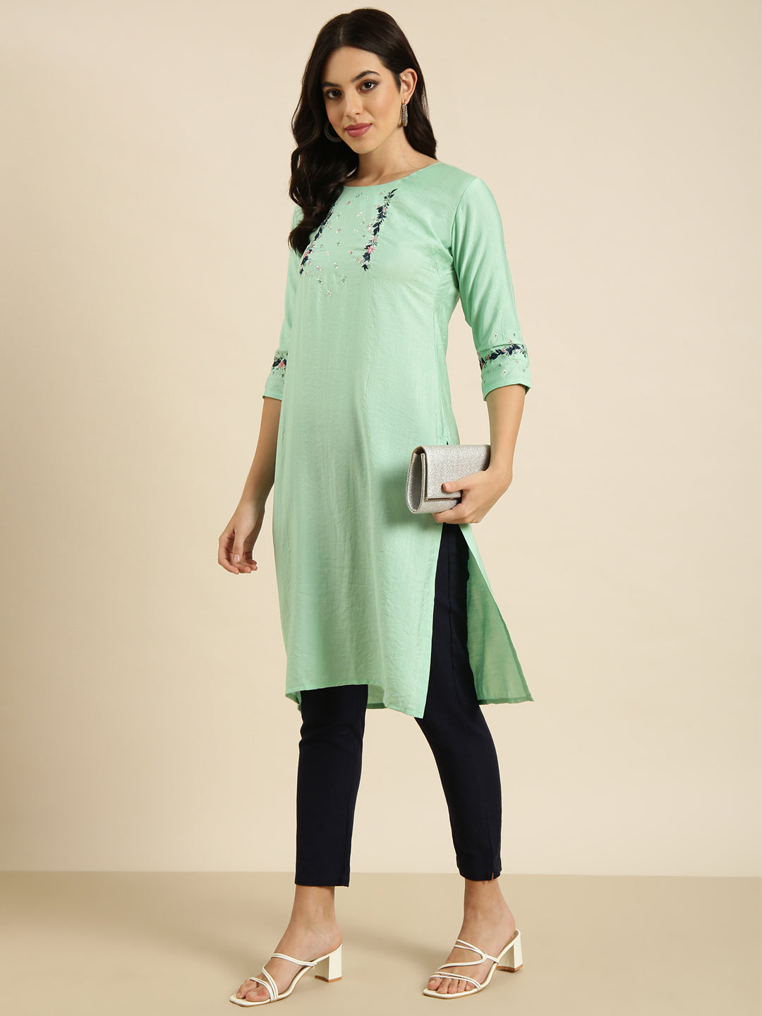 Women Straight Sea Green Solid Kurta