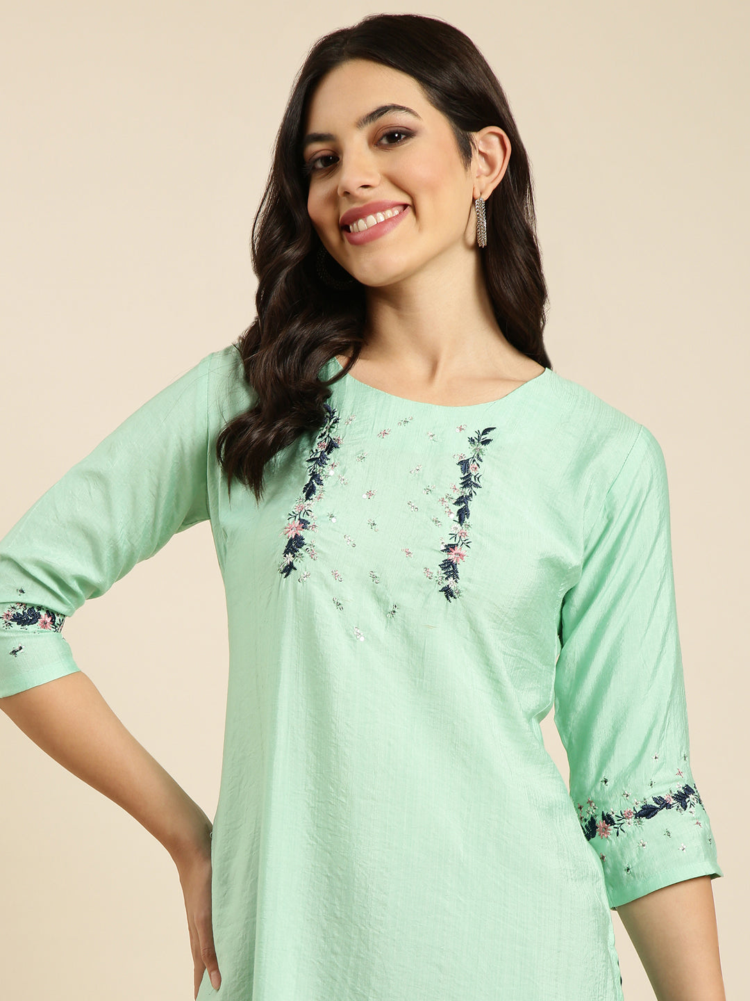 Women Straight Sea Green Solid Kurta