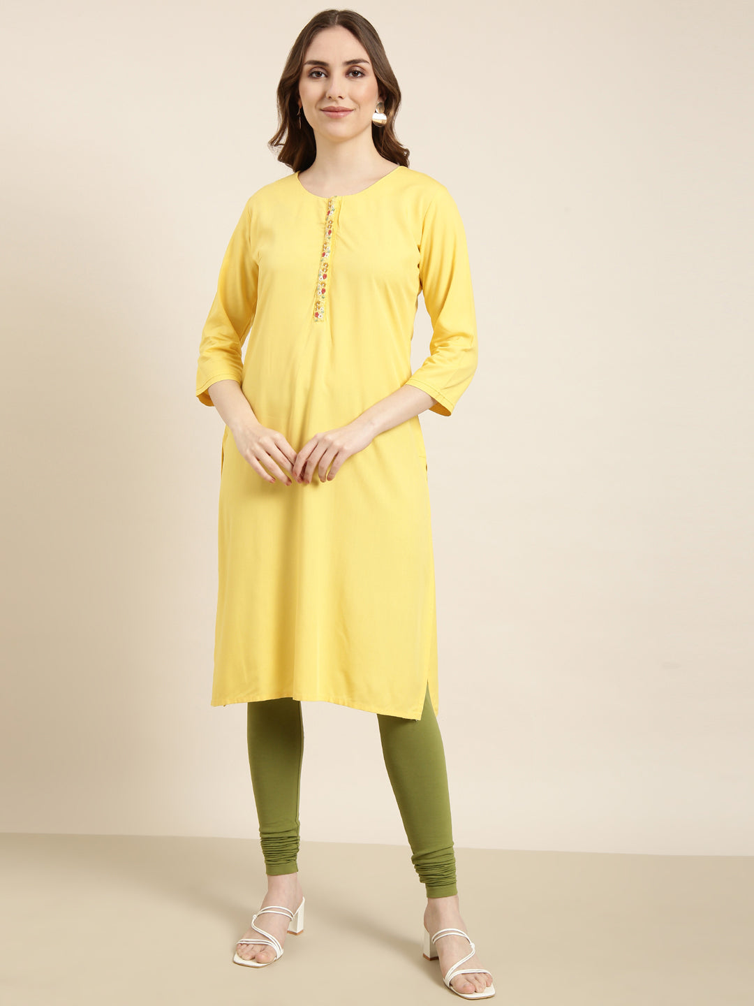 Women Straight Yellow Solid Kurta