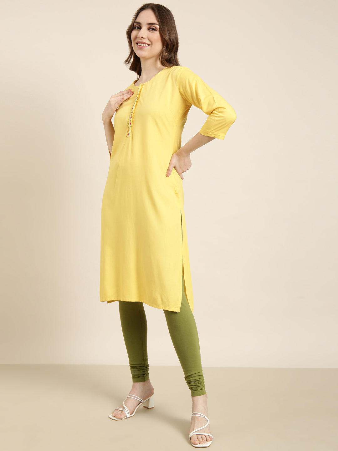 Women Straight Yellow Solid Kurta