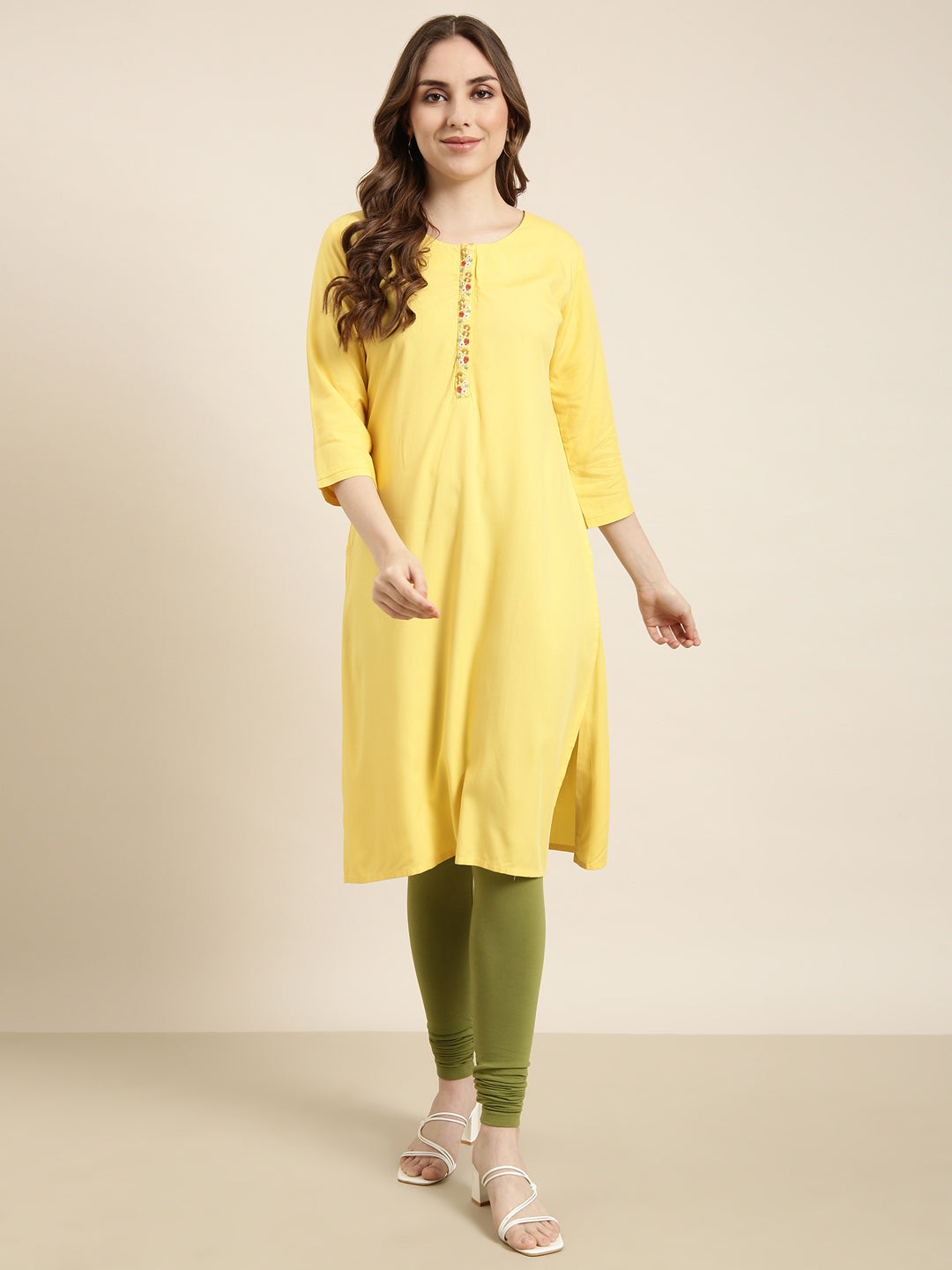 Women Straight Yellow Solid Kurta