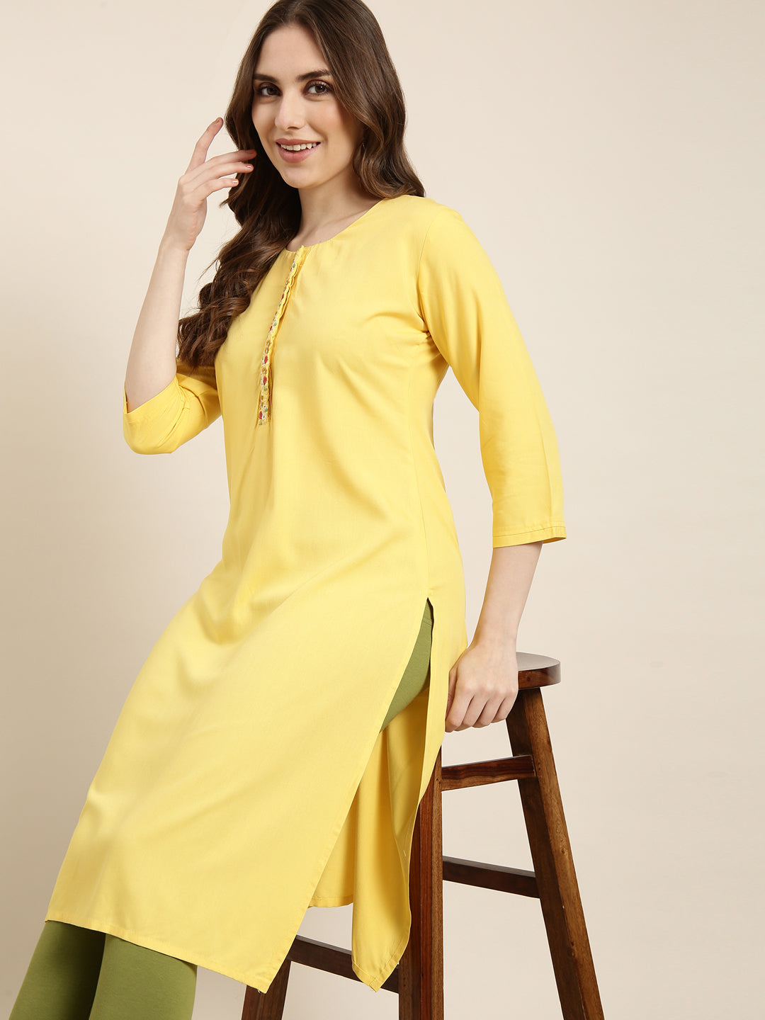 Women Straight Yellow Solid Kurta