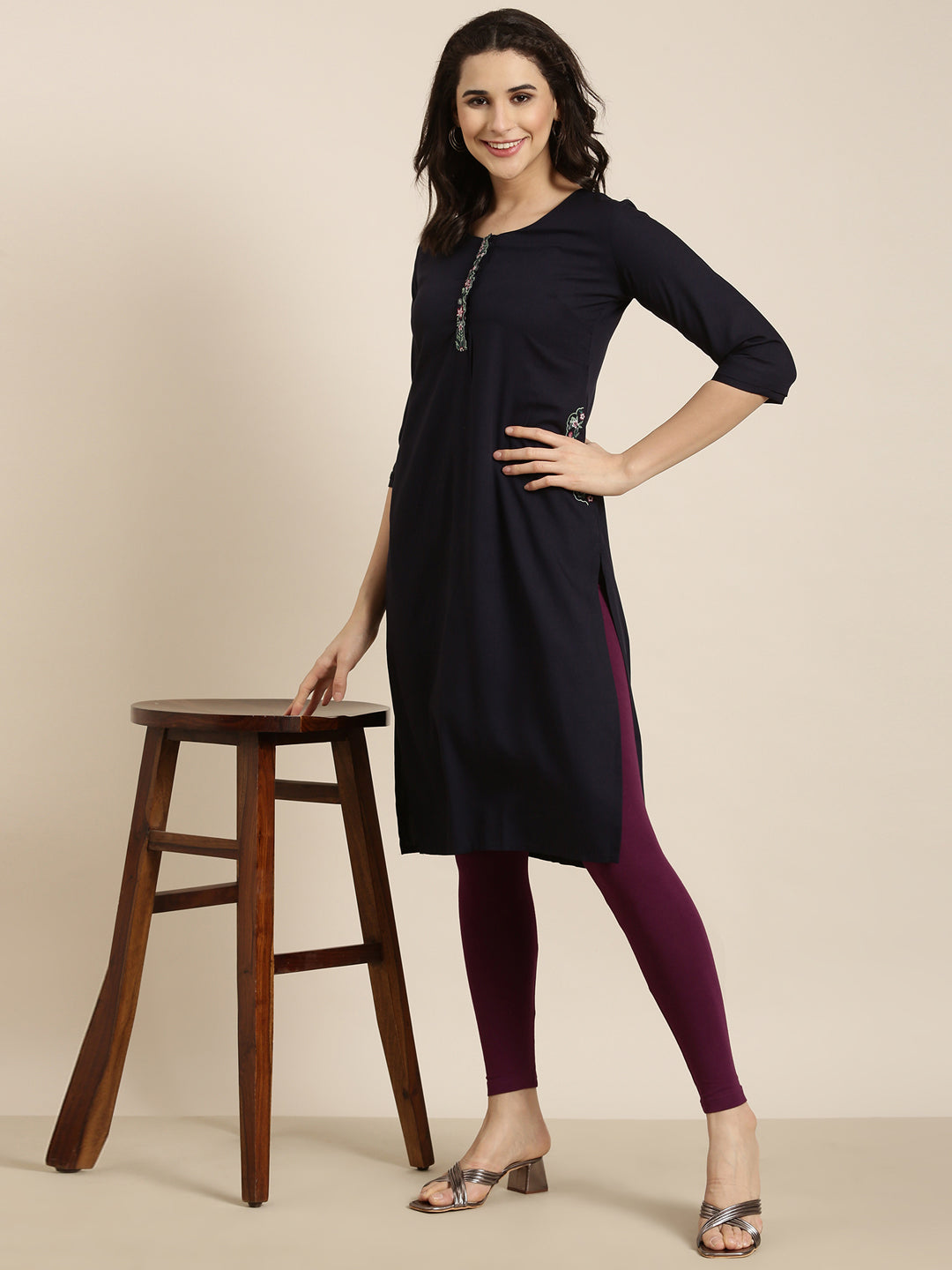 Women Straight Navy Blue Solid Kurta