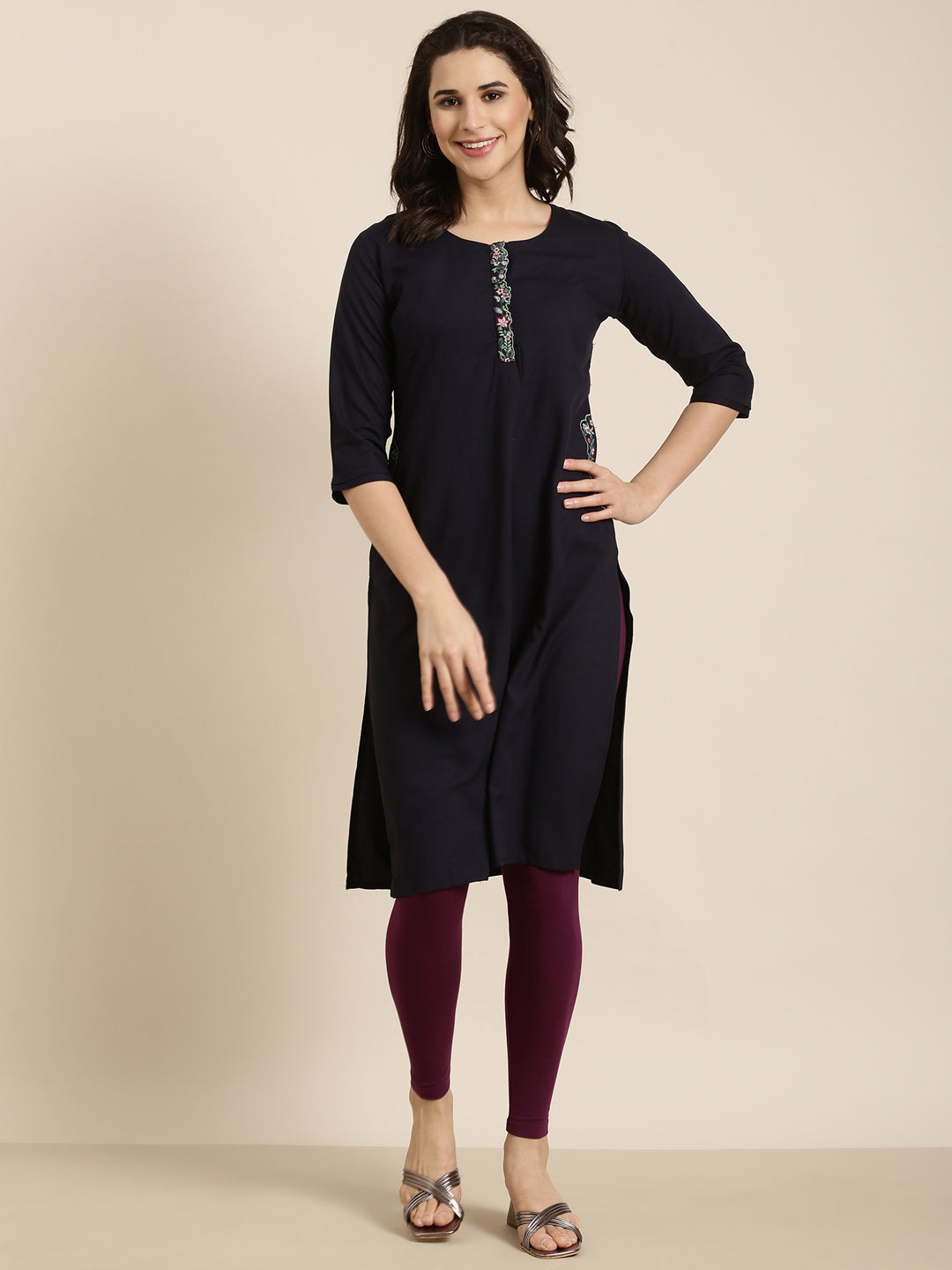 Women Straight Navy Blue Solid Kurta