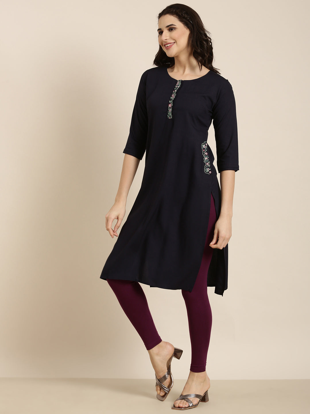 Women Straight Navy Blue Solid Kurta