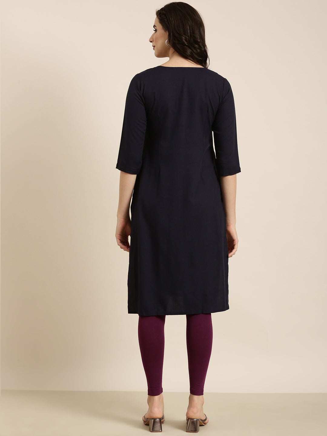 Women Straight Navy Blue Solid Kurta