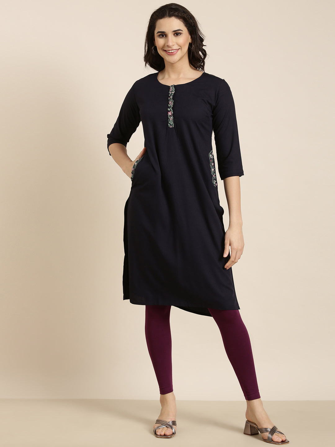 Women Straight Navy Blue Solid Kurta