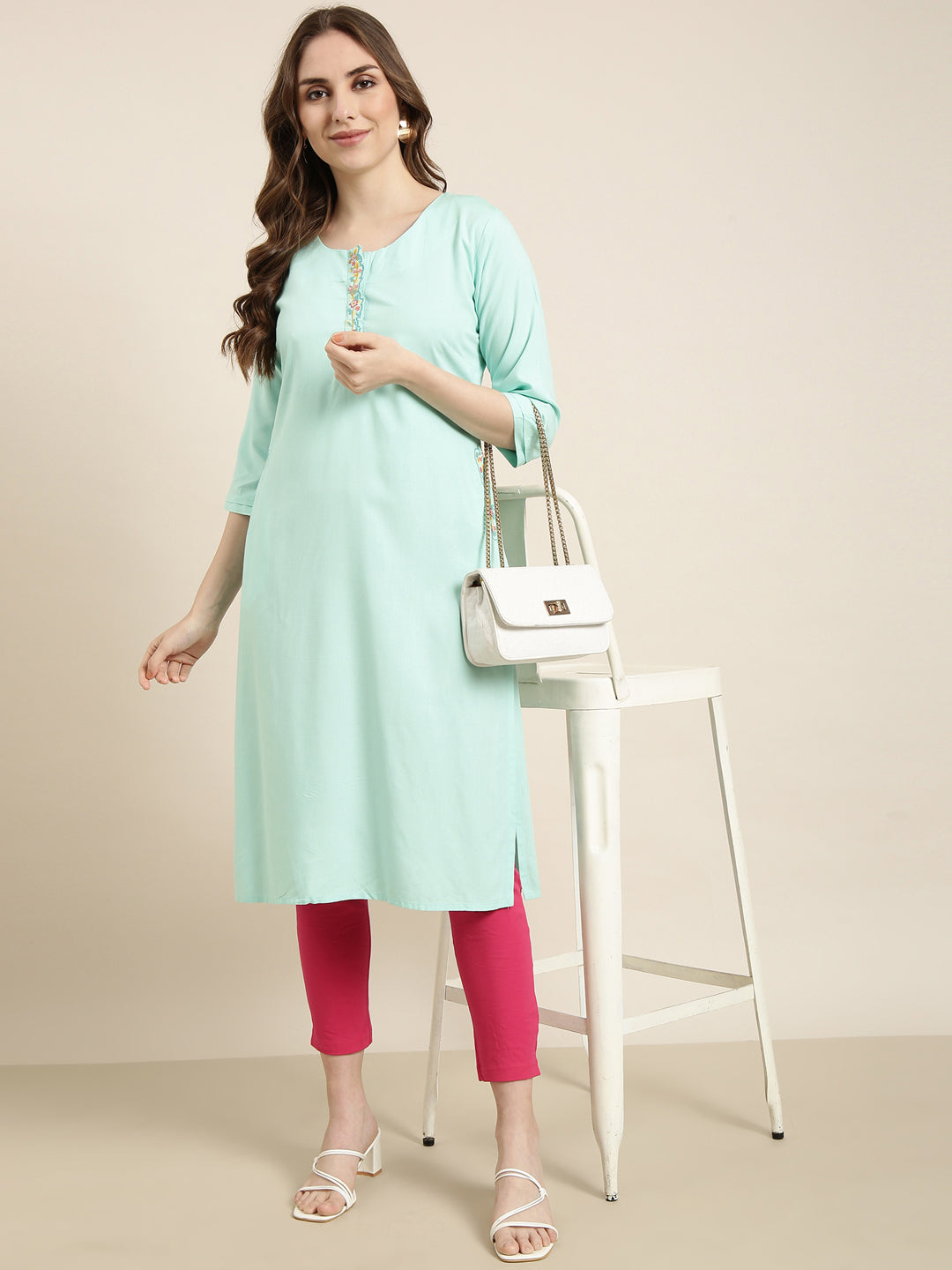 Women Straight Sea Green Solid Kurta